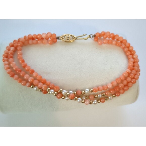 Vintage 3 strand pink angelskin coral bracelet with 14/20 gold clasp - Picture 2 of 5